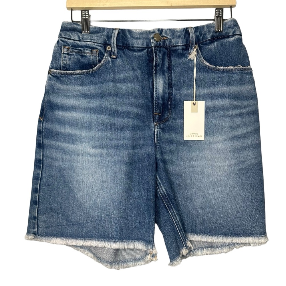 Good American Good 90'S Bermuda Short Distressed Denim Shorts NEW - Picture 2 of 11